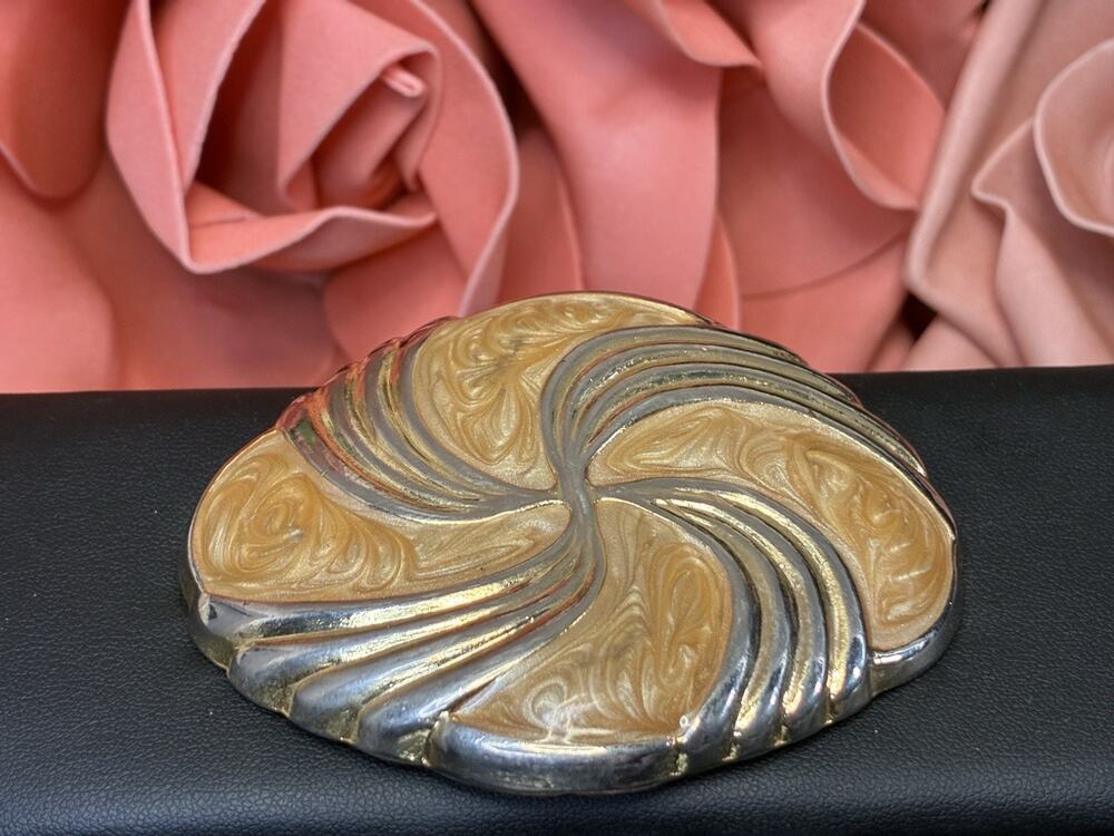 Vintage Pat LOR Gold Tone Swirl Enamel Statement Belt Buckle Cream Art Deco